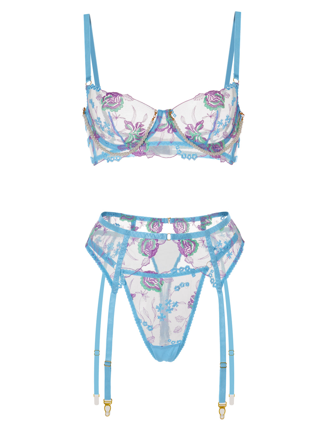 Lingerie bleue brodée avec chaîne de perles